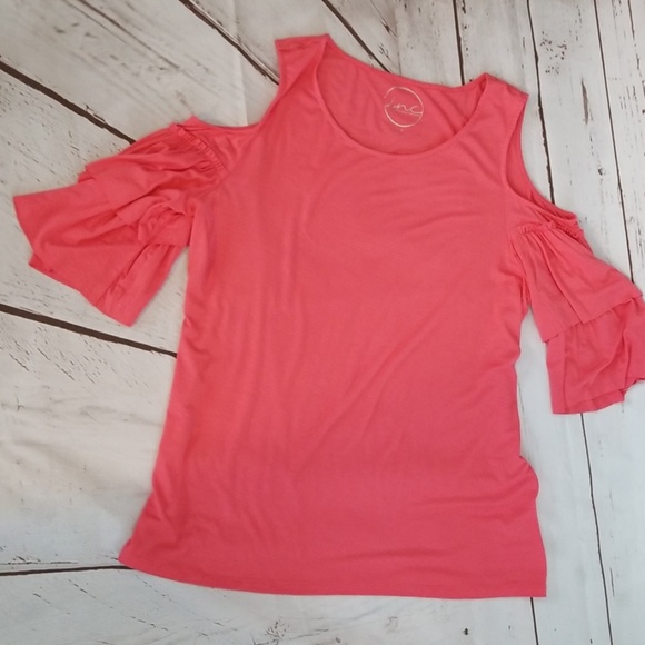 NWOT INC Coral Cold Shoulder Ruffled Sleeve Top - Picture 7 of 8